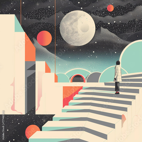 A man stand on stair with moon and stars background.Mental health concept.Surreal concept. 