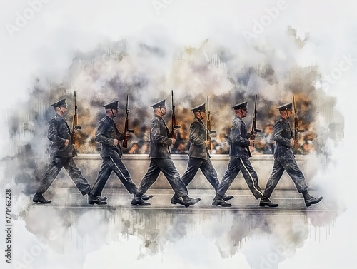 A group of soldiers march in formation, each holding a rifle. Concept of discipline and unity among the soldiers as they walk together