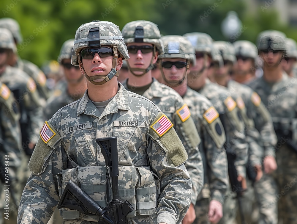 A group of soldiers are lined up in formation, with one of them wearing a helmet that says 