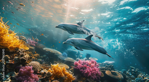 A pair of dolphins swimming in the ocean. Underwater photography with closeup shots.