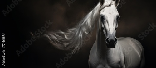 A black and white image capturing the beauty of a white mare with a long mane. The horse stands out against the darkness  showcasing its graceful snout and elegant presence as a working animal