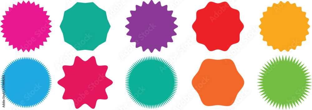 Starburst red sticker set - collection of special offer sale round and oval sunburst labels and buttons isolated on white background. Promotional sticky notes and labels.