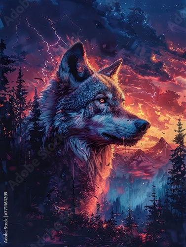 a howling wolf with lightning in the sky behind him. Synthwave theme © Fay Melronna 