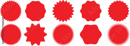 Starburst red sticker set - collection of special offer sale round and oval sunburst labels and buttons isolated on white background. Promotional sticky notes and labels. photo