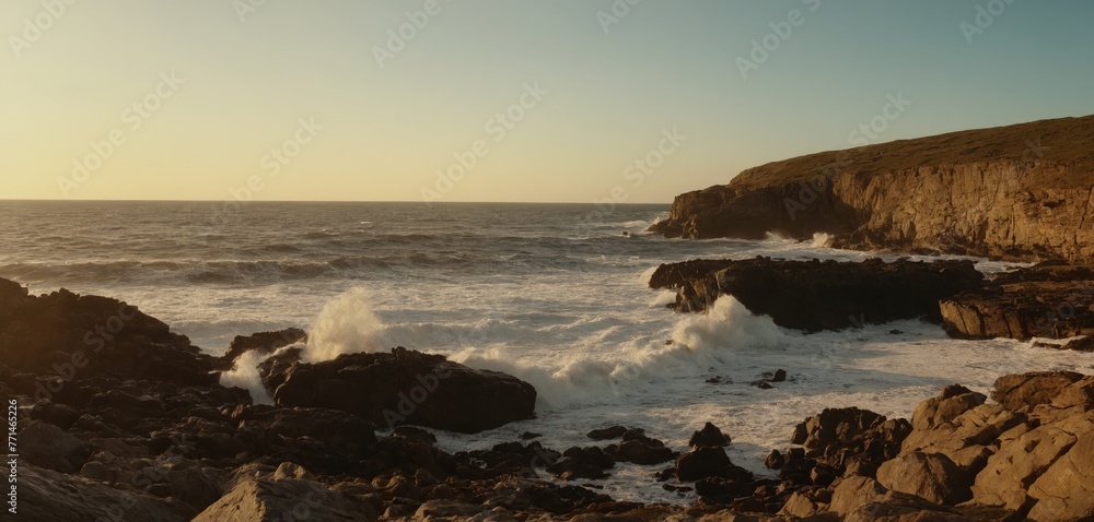 Rocky Coastline with Crashing Waves at Sunrise