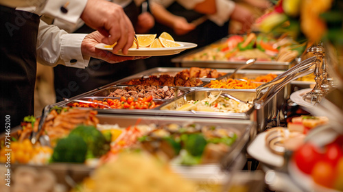 A person taking food from the beautifully arranged buffet at an event, with various dishes including chicken and vegetables on metal dish stands. The focus is sharp on their hands as they grab somethi photo