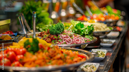 Vibrant and colorful salad bar with an array of fresh vegetables, noodles, and meat dishes on the counter at a hotel restaurant or luxury event, captured in closeup photography in the style of using a