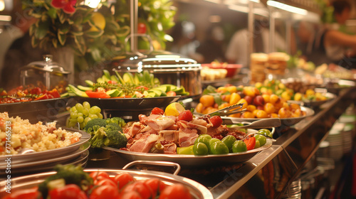 A vibrant and colorful indoor buffet is depicted  featuring an array of delicious dishes including fresh fruits  vegetables  meat products  rice  pasta  sushi rolls  and more. The focus is on the food