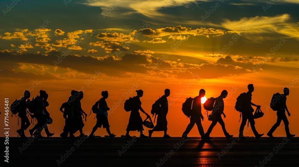 Fototapeta premium Backpackers Walking at Sunrise Silhouette