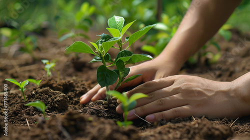Close-up of hands caring for a sapling, illustrating the concept of eco-friendly gardening and nature conservation.