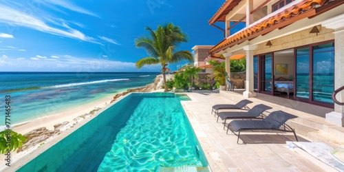 An idyllic beachfront villa with panoramic ocean views and a private pool.