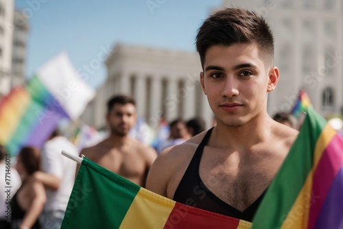 LGBT pride, LGBTQ+, Gay Pride concept. Portrait of a confident gay attending a gay pride march with copy space.