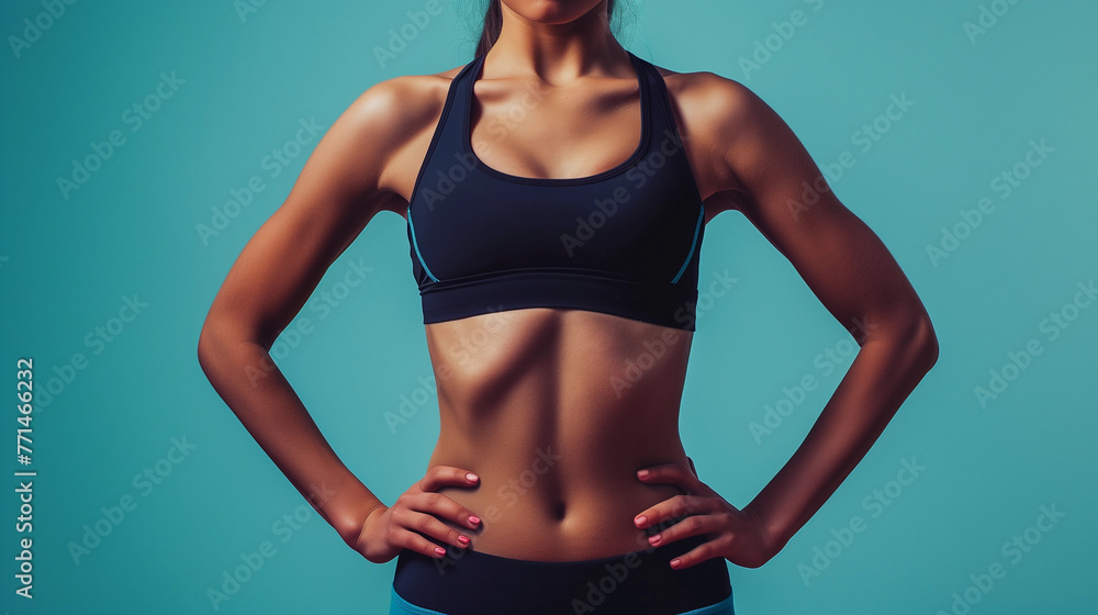 Fototapeta premium A female fitness model with a sporty body. Blue studio background