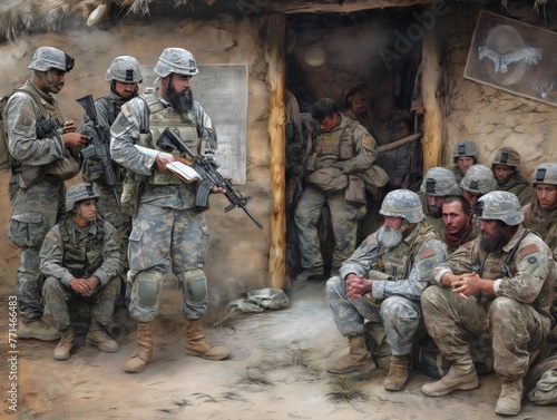A group of soldiers are gathered in a room, some of them are sitting down. One of the soldiers is holding a rifle © MaxK