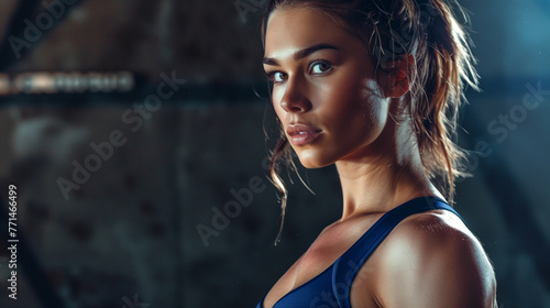 A female fitness model with strong muscular body looks in camera. Dark studio background