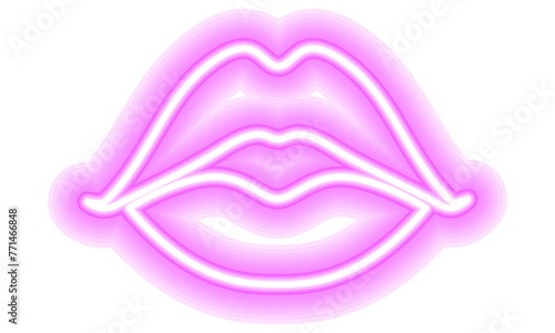 Neon glowing lips shining vibrant bright woman lips, love kiss icon with transparent background