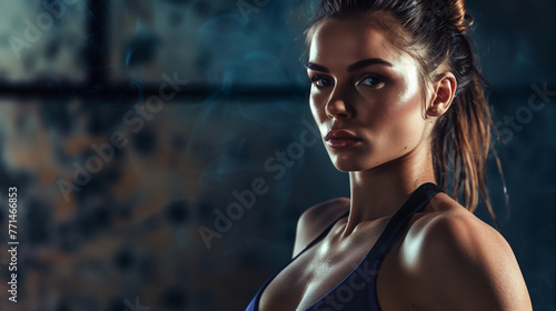 A female fitness model looks in camera. Dark studio background