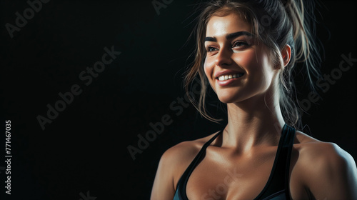 A female fitness model with a muscular body is smiling. Dark studio background