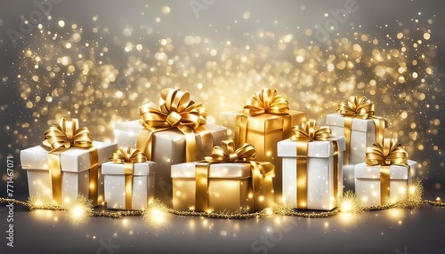 Gift boxes with golden ribbons on bokeh background. AI generated