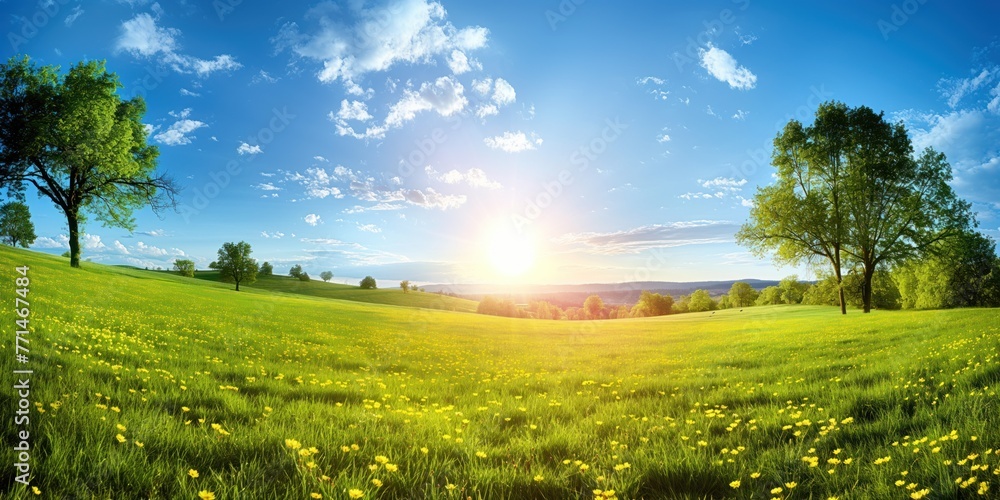 A beautiful, sunny day in a grassy field with two trees in the background. The sky is blue and the sun is shining brightly, creating a warm and inviting atmosphere