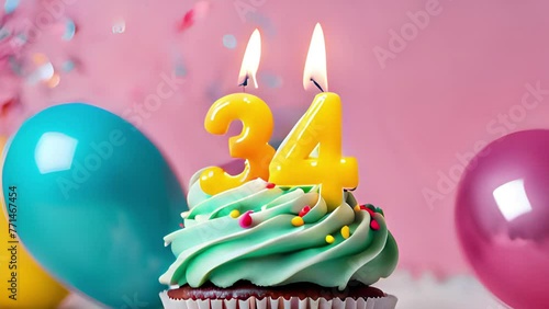 Timlapse with fast sequence of birthday cupcake. thirty four years celbration. 34 Happy birthday animation. thirty-fourth anniversary. photo