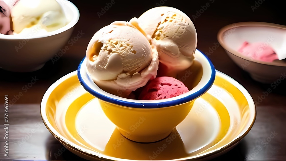 Ice cream in two retro metal bowls on a wooden table. Ice cream in two retro metal bowls on a wooden table.