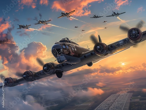 A group of fighter jets are in the air, with one of them being a large bomber. The sky is cloudy and the sun is setting, creating a moody atmosphere. The image is a representation of a war scene photo