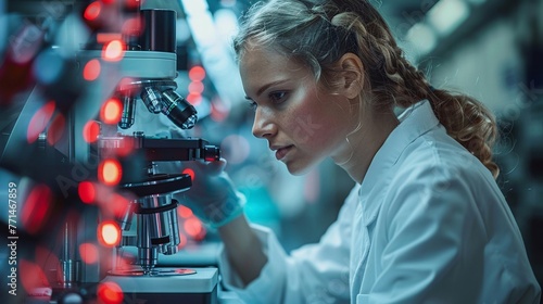 Tecnico donna lavora in laboratorio con un microscopio elettronico