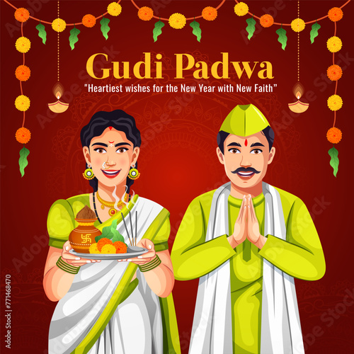 Maharashtrian family celebrates happy Gudi Padwa festival of India. Greeting card and template banner for sales promotion advertisement