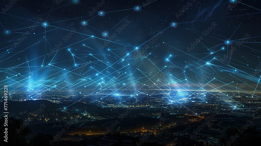 An artistic rendition of a starry night with luminous network lines overlaying a serene landscape, symbolizing rural connectivity, suitable for environmental and technological concepts An artistic rendition of a starry night with luminous network lines overlaying a serene landscape, symbolizing rural connectivity, suitable for environmental and technological concepts