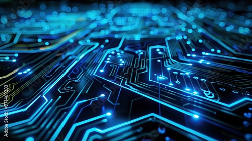 An image of an intricate circuit board, showcasing pathways lit with electric blue energy, perfect for concepts related to electronics, technology, and data processing