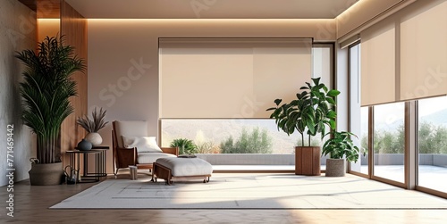 Motorized roller blinds automatic solar shades modern interior with relax chair electric sunscreen curtains for smart home, Generative AI 