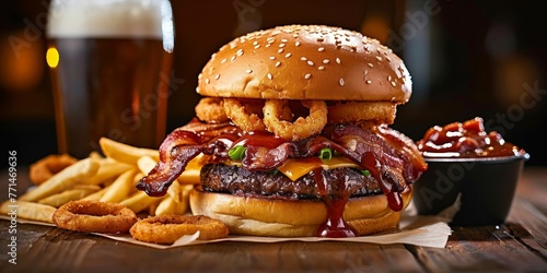 Selective focus shot of a burger with bacon, onion rings, barbecue sauce, fries and beer, Generative AI  photo