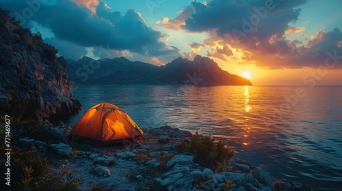 camp tent near sunset ocean , concept of summer vacation