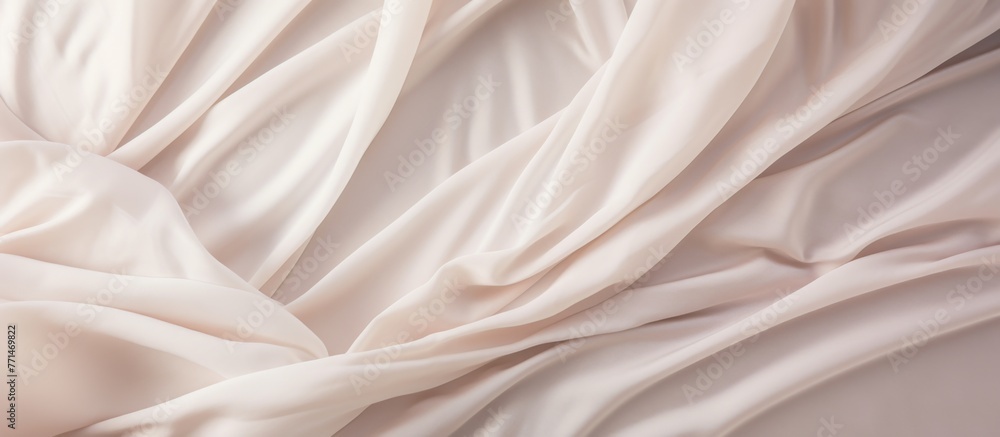 A close up of a sleeve of silk fabric in shades of magenta and peach, resting on a bed of white linens. The intricate pattern resembles wood grain with a touch of fur texture A close up of a sleeve of silk fabric in shades of magenta and peach, resting on a bed of white linens. The intricate pattern resembles wood grain with a touch of fur texture