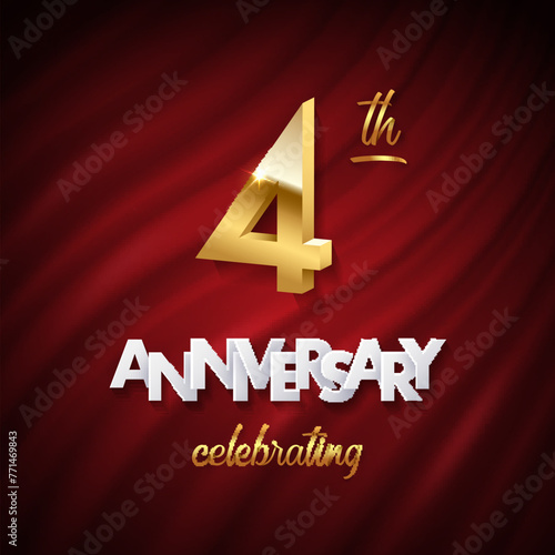 4 golden number, Anniversary white paper text and Celebrating word made of golden ribbons on red curtain background. Vector fourth anniversary celebration event square template