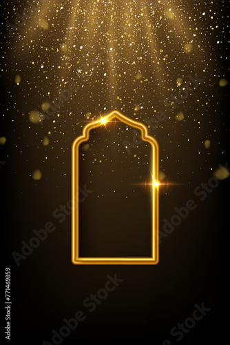 Arabic gold arch under lights isolated on dark shining background. 3D islam window architecture shape for muslim holidays, design element door, golden tube frame. Realistic vector illustration