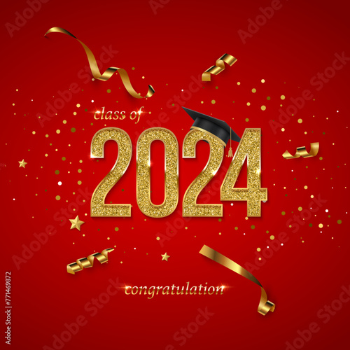 2024 graduation ceremony square banner. Award concept with academic hat, golden numbers, ribbons, confetti and text isolated on red background
