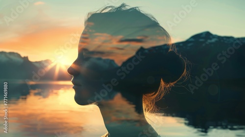 Double exposure: wide shot silhouette of a Scandinavian woman against the backdrop of the Norwegian fjords. photorealistic, sunset light