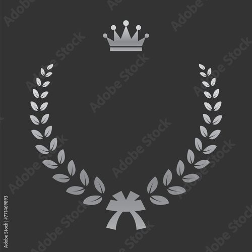 Realistic silver laurel wreath with crown. Premium insignia, traditional victory symbol on black backdrop. Triumph, win poster, banner layout , shiny frame, border