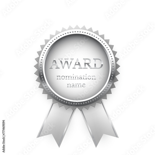 Silver medal for second place with ribbons and text Award Nomination name. Winner rank two on white background. Championship in sport or movie vector illustration