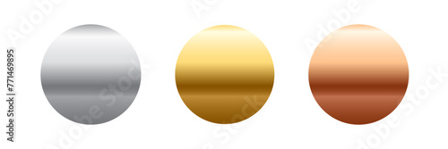 Award golden, silver and bronze blank medals 3d vector realistic illustration. First, second and third place medals or buttons isolated on white background. Quality blank, empty badge, emblem set