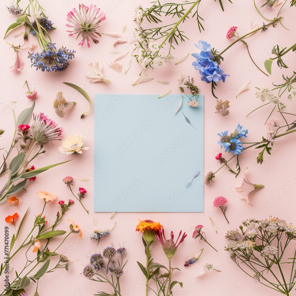 A blank square card surrounded by pastel colored flowers on a light pink background in a flat lay shot