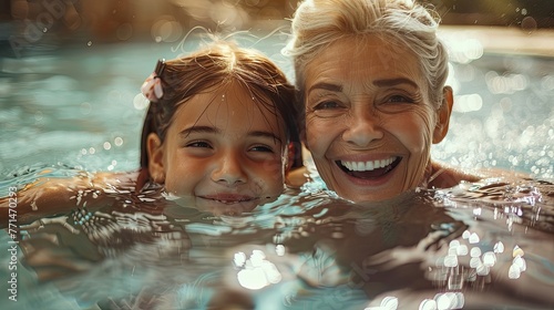 Grandmother and granddaughter enjoying the pool.