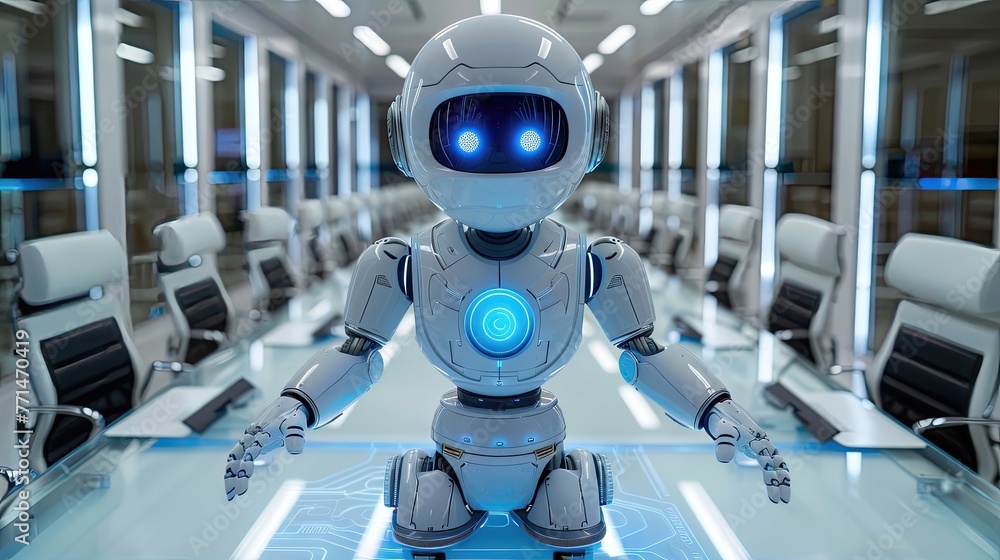 Blue-eyed humanoid robot in a bright, modern office space. Blue-eyed humanoid robot in a bright, modern office space.