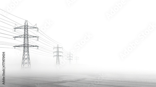 Power transmission lines disappearing into fog.