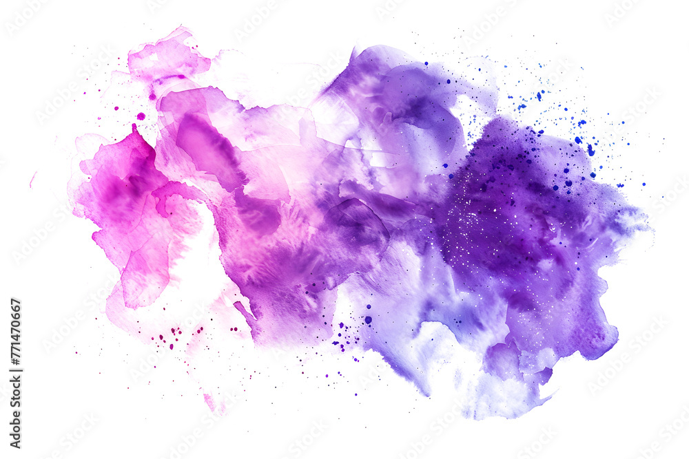 Purple and pink blooming watercolor paint stain on white background.