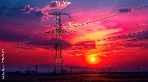 A vibrant sunset with an electric pylon silhouette against a colorful sky. photo