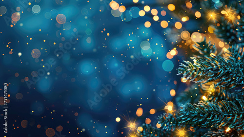 Beautiful abstract background. Blurred purple blue and gold banner, defocused, christmas tree branches in the front