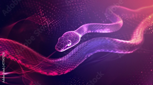 A digitally generated image of a glowing, neon snake slithering through a futuristic, abstract environment © StasySin